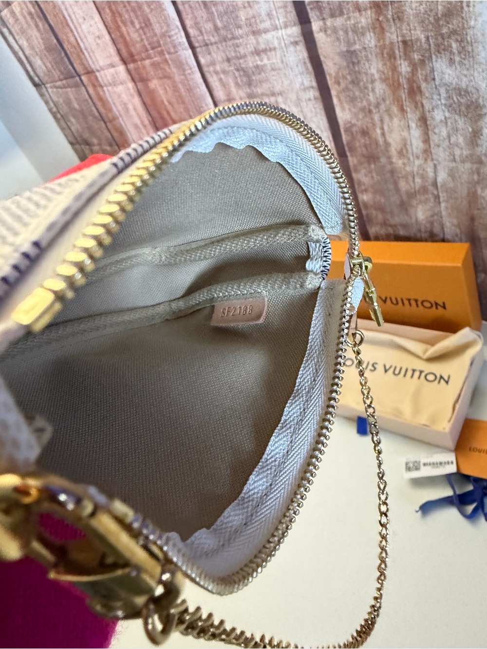 Louis Vuitton Damier Azur Mini Pochette - White/Beige with Gold Chain - Picture 12 of 12